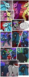 Size: 1500x3900 | Tagged: safe, artist:nancy-05, adagio dazzle, aria blaze, king sombra, nightmare moon, princess luna, queen chrysalis, queen umbra, sonata dusk, changeling, changeling queen, pony, siren, umbrum, unicorn, comic:fusing the fusions, comic:time of the fusions, alicorn amulet, argument, blushing, bugbutt, butt, chest, clothes, comic, commissioner:bigonionbean, confusion, dat butt, dialogue, dungeon, ethereal mane, evil planning in progress, extra thicc, fangs, female, flank, forced, fusion, gem, imminent fusion, jewelry, magic, mare, meme, moonbutt, necklace, nodding, panting, plot, prison, regalia, rule 63, shocked, siren gem, smiling, smirk, sombra eyes, spell, spirit, swelling, swollen, tartarus, the dazzlings, vein bulge, wingless, writer:bigonionbean