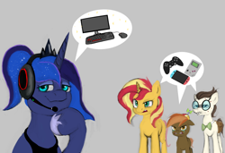 Size: 1462x1000 | Tagged: safe, artist:jellymaggot, button mash, gizmo, princess luna, sunset shimmer, alicorn, earth pony, pony, unicorn, computer, drawthread, game boy, gamer luna, gamer sunset, headphones, nintendo switch, pc master race, xbox