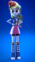 Size: 1080x1920 | Tagged: safe, artist:creatorofpony, artist:rjrgmc28, derpibooru import, rainbow dash, equestria girls, 3d, 3d model, blender, boots, clothes, compression shorts, rainbow socks, shorts, skirt, smiling, socks, solo, striped socks, wristband