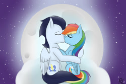 Size: 1024x683 | Tagged: safe, artist:rainbowline001, derpibooru import, rainbow dash, soarin', pegasus, pony, cloud, female, kissing, male, moon, shipping, soarindash, straight