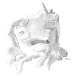 Size: 900x940 | Tagged: safe, artist:catscratchpaper, princess luna, oc, oc:harmony star, alicorn, pony, duo, grayscale, male, monochrome, prone, simple background, stallion, traditional art, white background