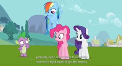 Size: 1599x865 | Tagged: safe, derpibooru import, screencap, pinkie pie, rainbow dash, rarity, spike, dragon, earth pony, pegasus, pony, unicorn, keep calm and flutter on, youtube caption, youtube link