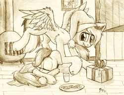 Size: 1435x1100 | Tagged: safe, artist:punk-pegasus, rainbow dash, scootaloo, pegasus, pony, cookie, hat, milk, present, santa hat, scootalove, sleeping, traditional art