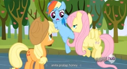 Size: 1581x857 | Tagged: safe, derpibooru import, screencap, applejack, fluttershy, rainbow dash, earth pony, pegasus, pony, youtube caption, youtube link