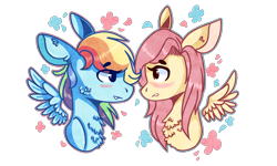 Size: 2500x1500 | Tagged: safe, artist:mintpencil, derpibooru import, fluttershy, rainbow dash, pegasus, pony, blushing, chest fluff, female, flutterdash, lesbian, looking at each other, shipping