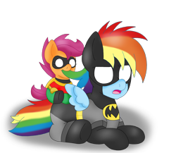 Size: 2300x2000 | Tagged: safe, artist:blackbewhite2k7, rainbow dash, scootaloo, pegasus, pony, baby, baby pony, baby scootaloo, batman, batman and robin, batmare, crossover, filly, parody, robin, simple background, textless, transparent background, vector, younger