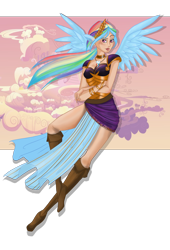 Size: 2000x2941 | Tagged: safe, artist:moryartix, derpibooru import, rainbow dash, human, alternate hairstyle, boots, cloudsdale, eared humanization, flying, humanized, ponytail, solo, winged humanization