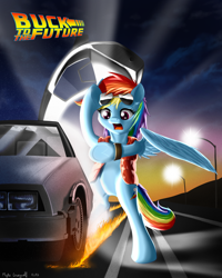 Size: 2400x3000 | Tagged: safe, artist:mykegreywolf, rainbow dash, pegasus, pony, back to the future, bipedal, clothes, crossover, delorean, female, fire, mare, open mouth, road, signature, solo, sunglasses, text, underhoof, vest, watch