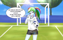 Size: 3000x1920 | Tagged: safe, artist:dieart77, derpibooru import, rainbow dash, equestria girls, anime, ball, breasts, cleavage, clothes, female, field, football, looking at you, multiple variants, shorts, solo, spanish, speech bubble, sports, talking, text, translated in the comments, wristband