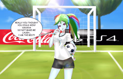 Size: 3000x1920 | Tagged: safe, artist:dieart77, derpibooru import, rainbow dash, equestria girls, anime, ball, breasts, cleavage, clothes, coca-cola, female, field, football, looking at you, multiple variants, playstation 4, shorts, solo, speech bubble, sports, talking, text, wristband