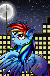 Size: 2000x3000 | Tagged: safe, artist:ognevitsa, derpibooru import, rainbow dash, pegasus, pony, moon, night, solo