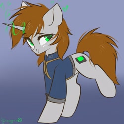 Size: 1600x1600 | Tagged: source needed, safe, artist:hydrargyrum, oc, oc only, oc:littlepip, pony, unicorn, fallout equestria, clothes, cute, female, freckles, heart, looking at you, magic, mare, raised leg, smiling, solo, vault suit