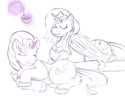 Size: 1089x951 | Tagged: safe, artist:anonymous, artist:happyartfag, princess luna, starlight glimmer, alicorn, pony, unicorn, /mlp/, 4chan, drawthread, duo, eyes closed, food, levitation, magic, monochrome, ponyloaf, prone, simple background, tea, telekinesis, white background