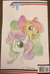 Size: 2169x3197 | Tagged: safe, artist:agnesgarbowska, derpibooru import, idw, apple bloom, rainbow dash, sweetie belle, pegasus, pony, comic book, comic cover, duo, photo, sketch, traditional art, watercolor painting