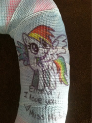 Size: 765x1024 | Tagged: source needed, safe, rainbow dash, pegasus, pony, cast, injured, photo, traditional art