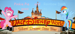 Size: 800x362 | Tagged: safe, derpibooru import, pinkie pie, rainbow dash, comic, comic sans, disney, disney world, florida, grammar error, irl, orlando, photo, pinkie pie and rainbow dash goes to disney world, pinkie pie and rainbow dash goes to series, ponies in real life, preview, title card, vector