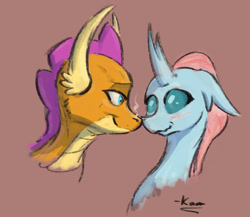 Size: 1328x1155 | Tagged: safe, artist:kam, ocellus, smolder, changedling, changeling, dragon, season 8, blushing, cute, diaocelles, dragoness, female, interspecies, lesbian, quadrupedal, shipping, smolcellus, smolderbetes