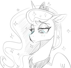 Size: 960x912 | Tagged: safe, artist:kaikururu, princess luna, alicorn, pony, bust, chest fluff, female, lidded eyes, looking down, mare, monochrome, partial color, peytral, portrait, sad, sketch, solo, teary eyes, three quarter view, wings