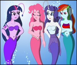 Size: 3617x3043 | Tagged: safe, artist:physicrodrigo, derpibooru import, part of a series, part of a set, pinkie pie, rainbow dash, rarity, twilight sparkle, angler fish, mermaid, series:equestria mermaids, equestria girls, armband, bandeau, belly button, bra, bubble, clothes, crossed arms, dress, earfins, eyes closed, gills, high res, mermaidized, midriff, ocean, quartet, scolding, seashell, seashell bra, species swap, story included, torn clothes, underwater, underwear