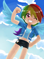 Size: 1650x2240 | Tagged: safe, artist:kianamai, rainbow dash, human, belly button, humanized, light skin, midriff, solo, winged humanization, wink