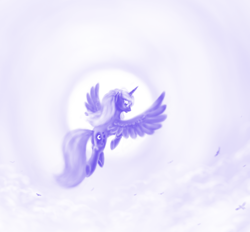 Size: 1000x927 | Tagged: safe, artist:grayma1k, princess luna, alicorn, bird, pony, flying, missing accessory, monochrome, s1 luna, solo