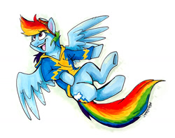 Size: 1718x1355 | Tagged: safe, artist:spainfischer, derpibooru import, rainbow dash, pegasus, pony, clothes, flying, goggles, open mouth, signature, solo, traditional art, wonderbolt trainee uniform