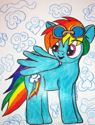 Size: 517x683 | Tagged: safe, artist:moonstonewind, rainbow dash, pegasus, pony, crayon drawing, goggles, solo, traditional art