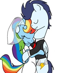 Size: 604x596 | Tagged: artist needed, source needed, safe, rainbow dash, soarin', pegasus, pony, bipedal, clothes, dress, female, male, shipping, soarindash, straight, suit, wedding dress