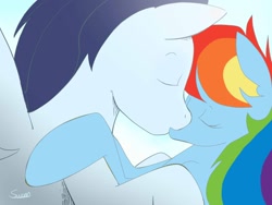 Size: 1024x768 | Tagged: safe, artist:swomswom, edit, rainbow dash, soarin', female, kissing, male, recolor, shipping, soarindash, straight