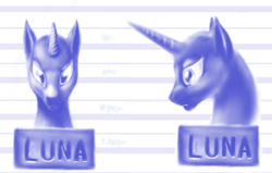 Size: 800x508 | Tagged: safe, artist:grayma1k, princess luna, alicorn, pony, bald, bust, female, monochrome, mugshot, no mane, profile, solo