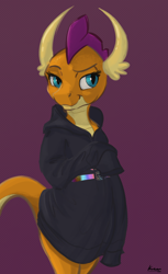 Size: 1168x1903 | Tagged: safe, artist:kam, smolder, dragon, abstract background, clothes, dragoness, female, hips, hoodie, long sleeves, looking at you, signature, solo