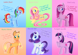 Size: 900x640 | Tagged: safe, artist:pekou, derpibooru import, applejack, fluttershy, pinkie pie, rainbow dash, rarity, twilight sparkle, earth pony, pegasus, pony, unicorn, magical mystery cure, dazzle bolt, giggle flight, mane six, new names, rustic charm, spoiler, subtle flash, swapped cutie marks, text edit