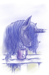 Size: 508x780 | Tagged: safe, artist:grayma1k, princess luna, alicorn, pony, eyes closed, food, messy mane, morning ponies, mug, sleepy, solo, tea, teabag