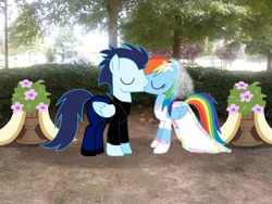 Size: 2592x1944 | Tagged: safe, artist:misteraibo, artist:rainbowderp98, artist:the smiling pony, artist:tokkazutara1164, rainbow dash, soarin', bush, clothes, dress, female, flower, flower pot, irl, kissing, male, photo, playground, ponies in real life, shadow, shipping, soarindash, straight, tree, vector, wedding, wedding dress