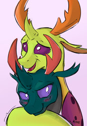 Size: 850x1224 | Tagged: safe, artist:kam, pharynx, thorax, changedling, changeling, blushing, brotherly love, brothers, changedling brothers, cute, dawwww, floppy ears, hug, king thorax, lidded eyes, male, open mouth, pharybetes, prince pharynx, siblings, simple background, smiling, thorabetes