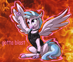 Size: 1807x1528 | Tagged: safe, artist:kam, silverstream, classical hippogriff, hippogriff, choker, claws, clothes, comic sans, dialogue, female, fire, punk, quadrupedal, text, wings