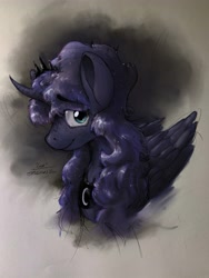 Size: 3000x4000 | Tagged: safe, artist:th3ipodm0n, princess luna, alicorn, pony, bust, curved horn, female, folded wings, horn, looking at you, mare, mixed media, portrait, sketchy, smiling, solo, three quarter view, wings