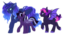 Size: 1024x573 | Tagged: safe, artist:azure-art-wave, princess luna, oc, alicorn, bat pony, bat pony alicorn, pony, colt, female, filly, male, simple background, transparent background