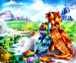 Size: 3000x2500 | Tagged: safe, artist:aquagalaxy, rainbow dash, oc, oc:tech talk, pegasus, pony, cloud, cloudy, ponyville, scenery