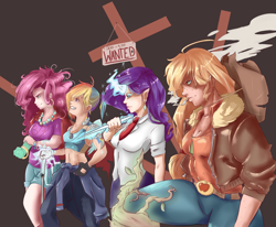 Size: 1938x1600 | Tagged: safe, artist:sundown, derpibooru import, applejack, pinkie pie, rainbow dash, rarity, human, badass, cigarette, horned humanization, humanized, smoking, wanted, winged humanization