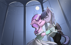 Size: 2327x1477 | Tagged: safe, artist:kam, diamond tiara, oc, oc:nightingale, bat pony, pony, beauty and the beast, canon x oc, clothes, cute, dress, fanfic art, jewelry, moon, moonlight, tiara, waltz, wings