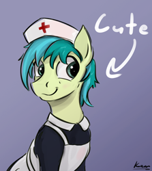 Size: 860x963 | Tagged: safe, artist:kam, sandbar, earth pony, pony, arrow, clothes, cover art, crossdressing, cute, dress, fanfic, fanfic art, fanfic cover, male, no shit sherlock, nurse outfit, sandabetes, signature, solo, text