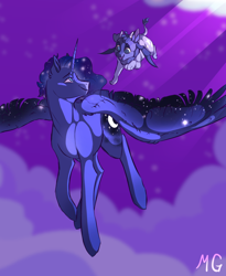 Size: 1586x1933 | Tagged: safe, artist:dolliewings, princess luna, oc, oc:moonshine, alicorn, hybrid, pony, child, cloud, crepuscular rays, cutie mark, duo, ethereal mane, female, flying, flying lesson, happy, interspecies offspring, looking back, looking over shoulder, male, mare, mother and child, mother and son, night, offspring, open mouth, parent and child, parent:discord, parent:princess luna, parents:lunacord, smiling, spread wings, starry mane, starry wings, stars, wings