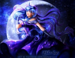 Size: 800x625 | Tagged: safe, artist:kgfantasy, princess luna, human, beautiful, clothes, crown, dress, ear piercing, earring, female, gloves, humanized, jewelry, long hair, mare, moon, piercing, regalia, solo