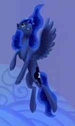 Size: 392x652 | Tagged: safe, artist:theo-0, princess luna, alicorn, pony, cute, female, flying, lunabetes, mare, smiling, solo, spread wings, wings