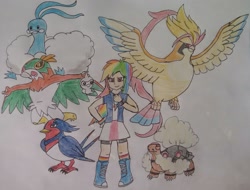 Size: 2289x1739 | Tagged: safe, artist:wolf, derpibooru import, rainbow dash, human, altaria, castform, equestria girls outfit, hawlucha, humanized, mega evolution, mega pidgeot, pidgeot, pokémon, pokémon team, pokémon trainer, swellow, torkoal, traditional art, wolf's pokémon teams