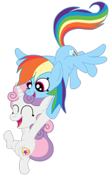 Size: 1793x2820 | Tagged: safe, artist:squipycheetah, derpibooru import, rainbow dash, sweetie belle, pegasus, pony, alternate cutie mark, cute, cutie mark, dashabetes, diasweetes, duo, eyes closed, filly, flying, friendshipping, hanging on, happy, holding hooves, hoof hold, looking down, open mouth, raised hoof, simple background, smiling, spread wings, the cmc's cutie marks, transparent background, trust, vector, windswept mane