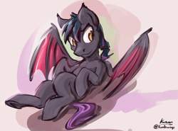 Size: 2700x1999 | Tagged: safe, artist:kam, oc, oc:dusk warden, bat pony, pony, male, on back, solo, stallion, wings