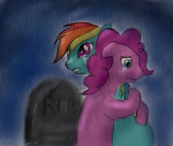 Size: 933x783 | Tagged: safe, artist:tatze-san, derpibooru import, pinkie pie, rainbow dash, earth pony, pegasus, pony, 30 minute art challenge, crying, gravestone, implied death, rain