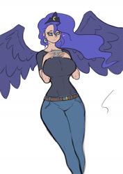 Size: 1240x1754 | Tagged: safe, artist:franschesco, princess luna, human, big breasts, blushing, breasts, cellphone, horn, horned humanization, humanized, phone, princess balloona, simple background, smartphone, watching, white background, winged humanization, wings